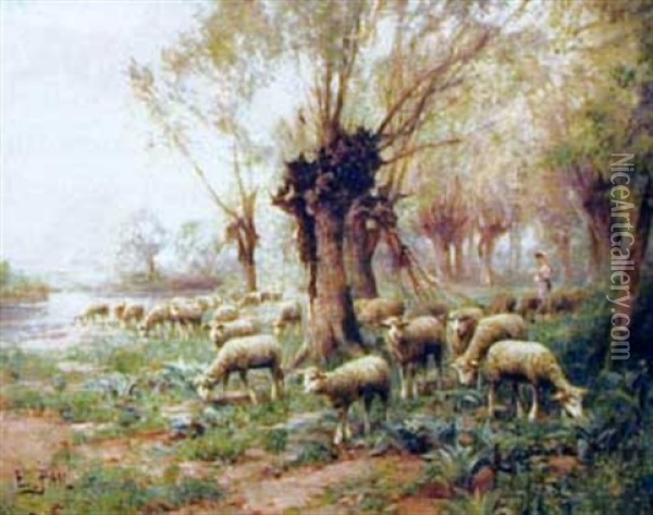 Bergere Et Son Troupeau De Moutons Oil Painting - Edouard Pail