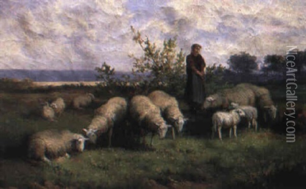 Sheep In A Barn Oil Painting - Jef Louis Van Leemputten