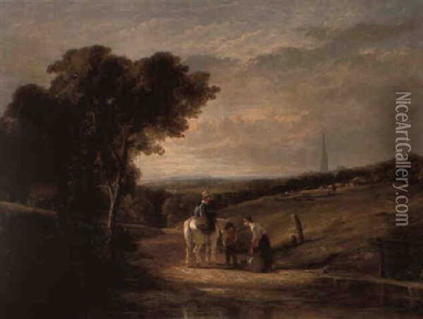 A Scene Near Chichester: Children Collecting Water From A Stream Oil Painting - William Collins