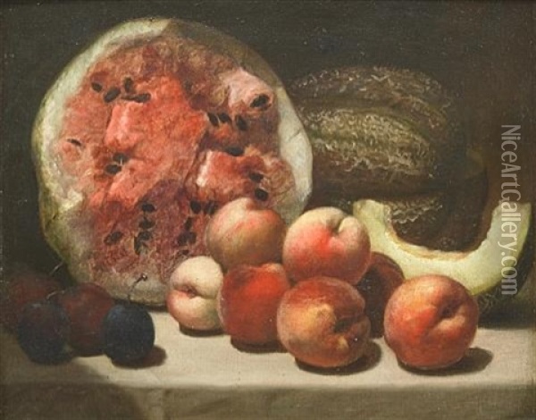 A Still Life With Watermelon And Peaches Oil Painting - Alvan Fisher
