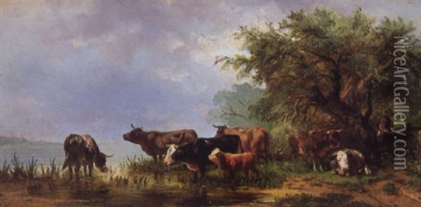 Cows Drinking Oil Painting - Albert Jurardus van Prooijen