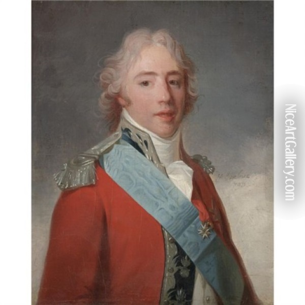 Portrait Of Comte D'artois, Later Charles X Of France, Wearing A Red Jacket And A Blue Sash And The Order Of The Saint Esprit Oil Painting - Henri-Pierre Danloux