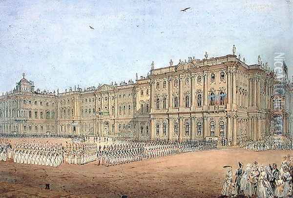 Review at the Winter Palace in St. Petersburg, 1840s Oil Painting - Vasili Semenovich Sadovnikov