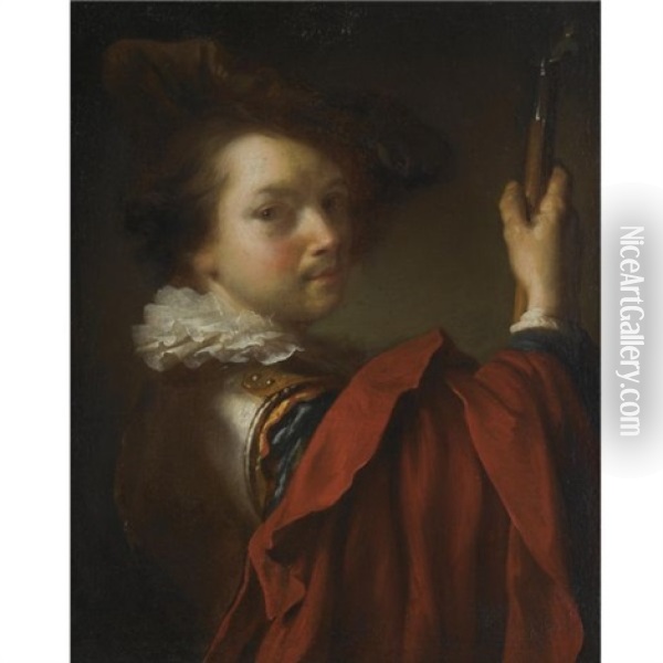Portrait Of A Gentleman, Half Length, Wearing A Cuirasse, A Hat And A Red Cape Oil Painting - Alexis Grimou