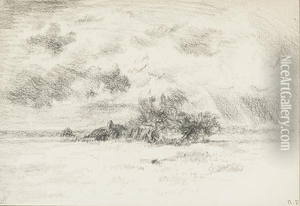 View Of A Farm House And An Orchard From An Open Field In A Storm Oil Painting - Narcisse-Virgile D Az De La Pena