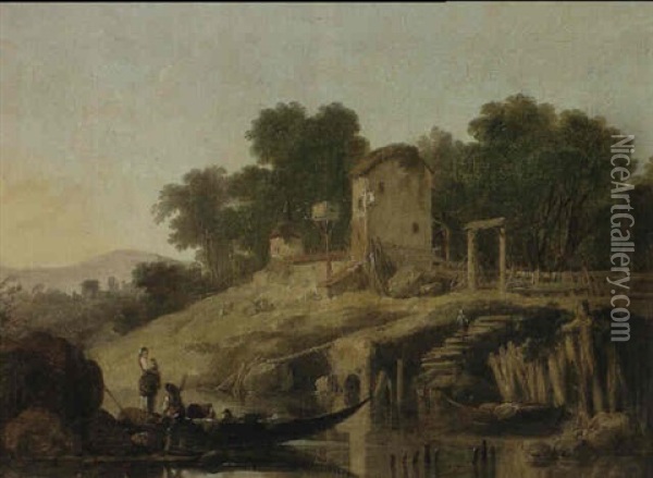 A River Landscape With Figures And A Ferry Boat Near Farm   Buildings Oil Painting - Jean Baptiste Pillement