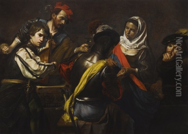 A Fortune Teller, Bravo, Lute Player, Drinking Figure, And A Pick-pocket Oil Painting - Valentin De Boulogne