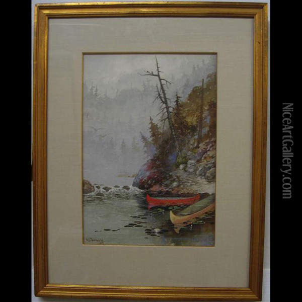Canoes And Cascade Oil Painting - A.E. Dumble