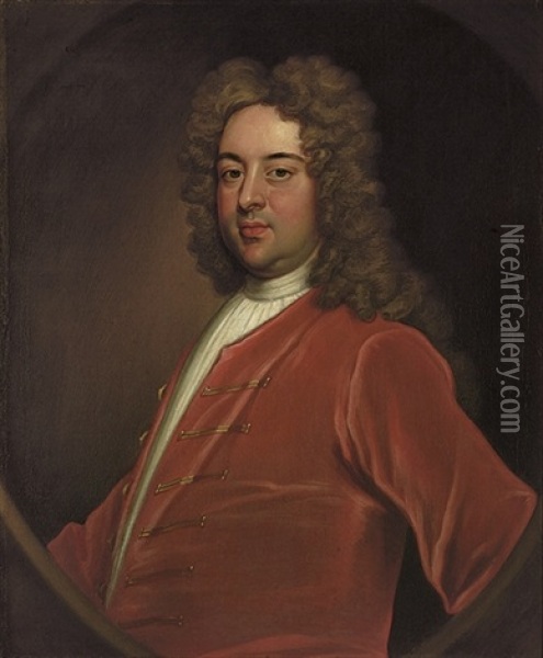 Portrait Of A Gentleman In A Red Velvet Coat Oil Painting - Michael Dahl