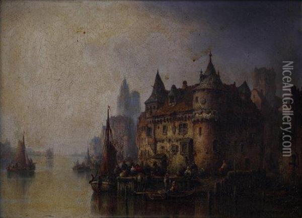 Quay On A River, A Cathedral Beyond Oil Painting - Ludwig Herrmann