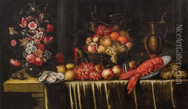 Still Life With Oysters, A Lobster, A Vase Of Flowers And A Basket Of Fruit Oil Painting - Jan Pauwel Gillemans The Elder