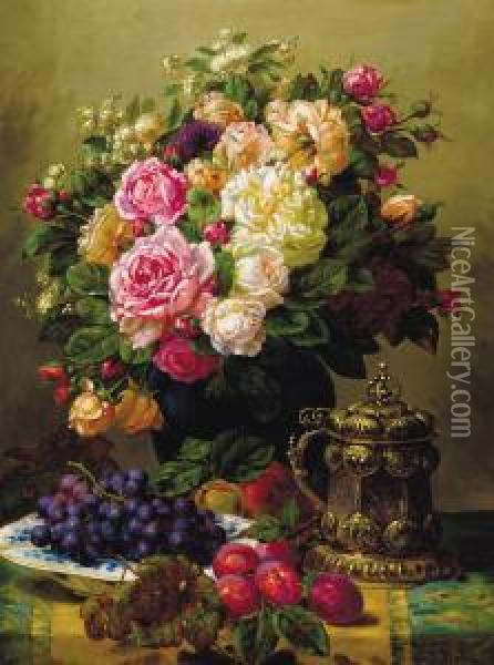 Still Life With Roses, Grapes And Plums Oil Painting - Jean-Baptiste Robie