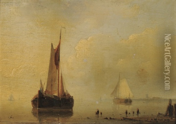 Sailing Boats In A Calm (+ Sailing Boats Off The Coast In A Stiff Breeze; 2 Works) Oil Painting - Abraham Hulk the Elder