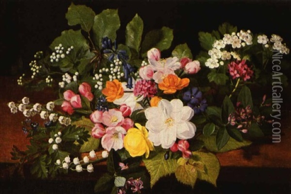 A Bouquet Of Spring Flowers Ona Ledge Oil Painting - Otto Didrik Ottesen