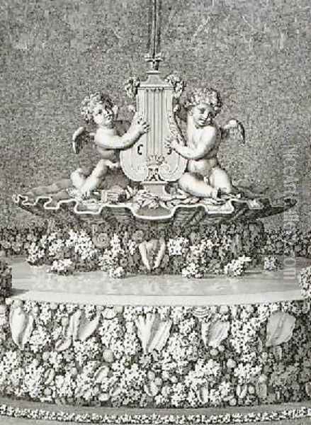 Two Cupids holding a lyre a fountain at Versailles Oil Painting - Jean Lepautre