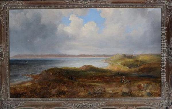 A Panoramic View Of An Estuary With Figures In The Foreground And Hilltop Farms In The Distance Oil Painting - John Wilson Carmichael