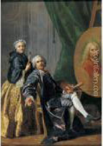 Louis-michel Van Loo Painting A Portrait Of His Father Oil Painting - Louis-Michel Van Loo