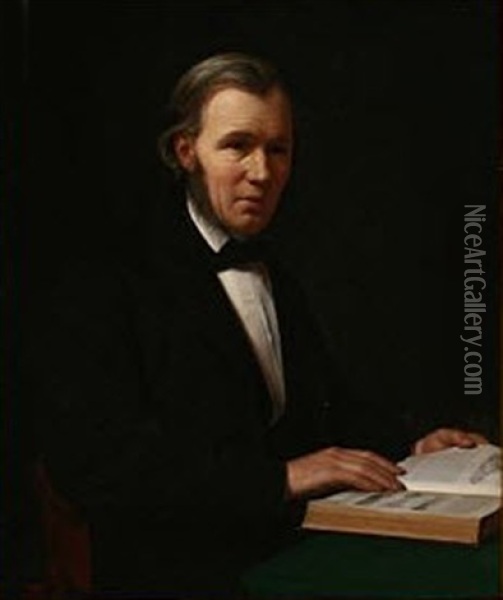 Portrait Of The Historian Lauritz Schebye Vedel Simonsen In A Dark Suit Holding A Book With Illustrations Of Bronze Age Axes And A Stone Age Cairn Oil Painting - Wilhelm Ferdinand Bendz