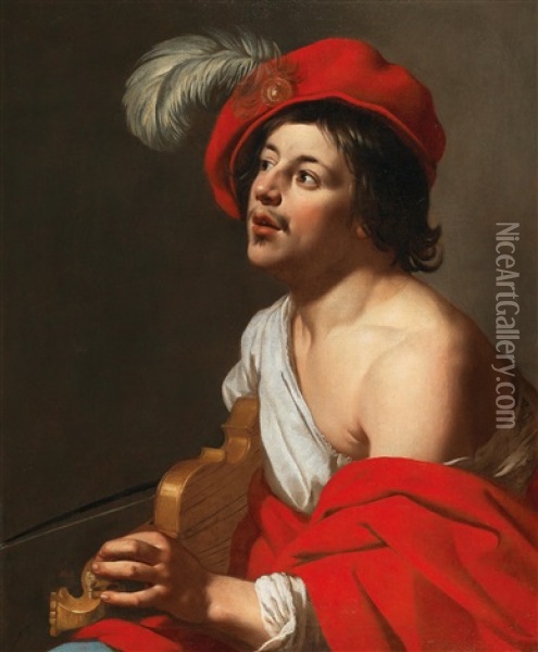 A Young Violinist In A Red Cap And Cloak Oil Painting - Jan Van Bijlert