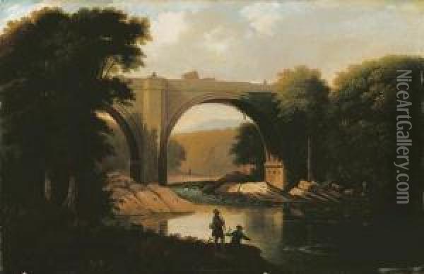 A Bridge Over A River, With Anglers In The Foreground Oil Painting - I. Rothwell