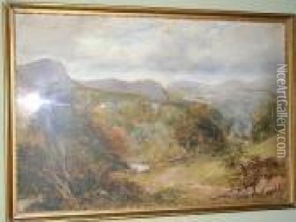 Valley With Stream And Hills In The Distance Oil Painting - David Cox