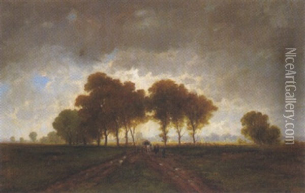 Weite Landschaft Mit Wagen Und Figurlicher Staffage Oil Painting - Heinrich Neppel