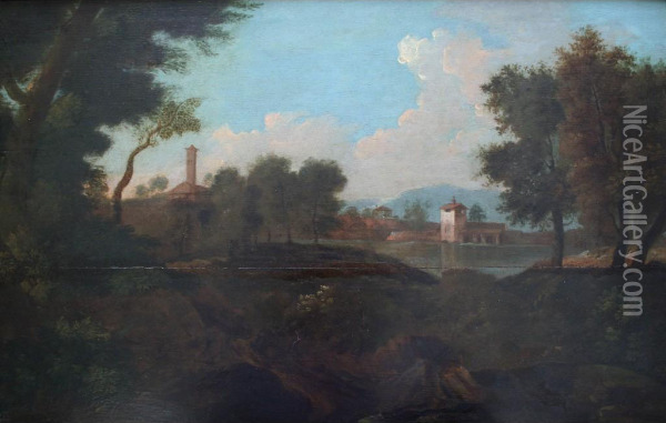 Italianate Landscape With Buildings Across A Lake Oil Painting - Gaspard Dughet Poussin