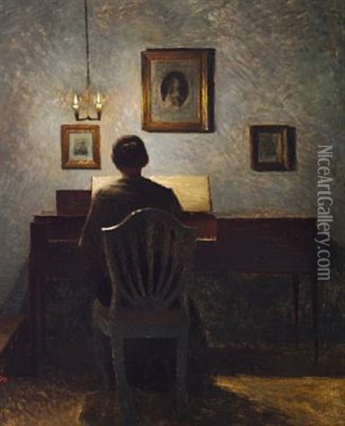 Interior With A Lady At A Spinet, Evening Light Oil Painting - Peter Vilhelm Ilsted