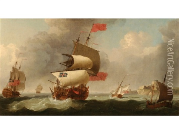 British Ships Under Sail In Choppy Seas Beside A Coastline Oil Painting - Peter Monamy