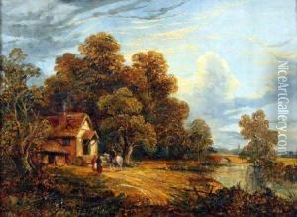 Landscape With Figures And Horse By A Cottage Oil Painting - Joseph Paul