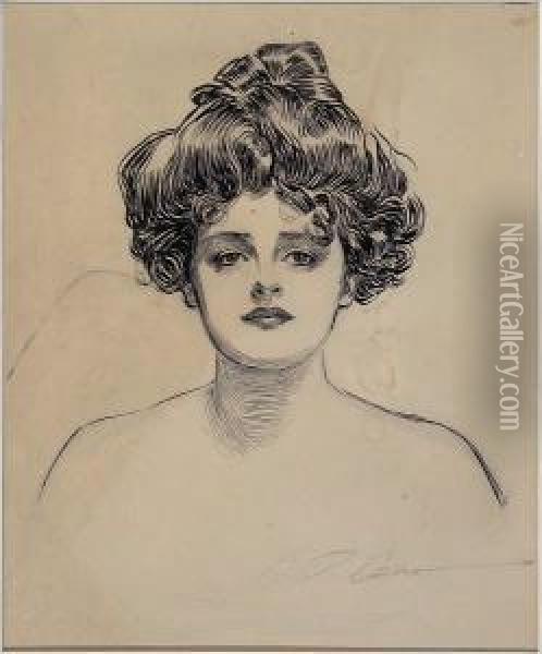 Portrait: Head Of Young Woman. Oil Painting - Charles Dana Gibson