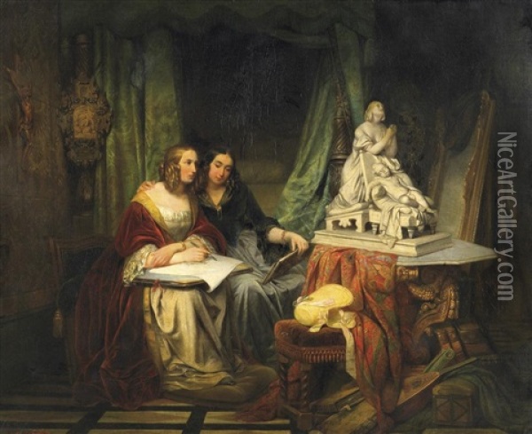 Die Zeichenstunde. Zwei Junge Damen Im Boudoir, Eine Marmorskulptur Skizzierend Oil Painting - Cornelius Johannes Adrianus Seghers
