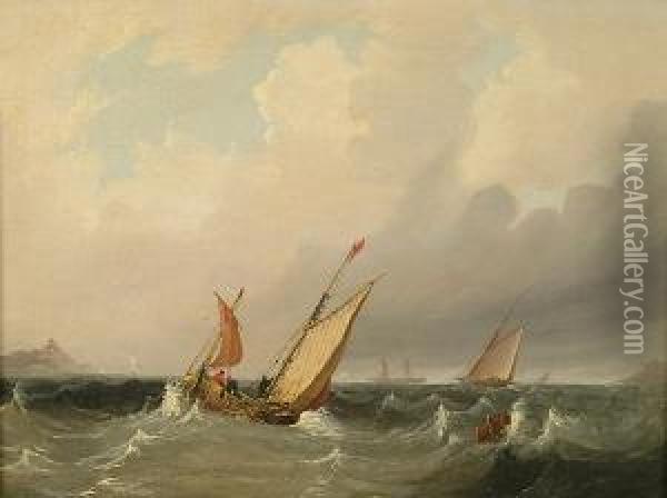 Taking-in The Mainsail In A Choppy Sea Oil Painting - Frederick Calvert