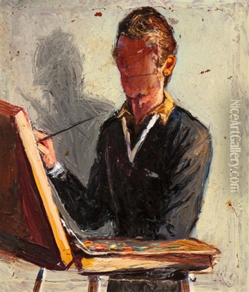 Self-portrait Of The Artist In Front Of His Easel Oil Painting - Sergei Yur'Evich Sudeikin
