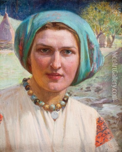 Portret Kobiety W Chuscie Oil Painting - Damazy Kotowski