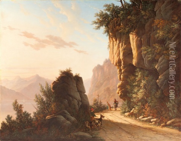 Besonnter Weg Mit Steiler Felswand An Einem Gebirgssee (lago Maggiore) Oil Painting - Karl Millner