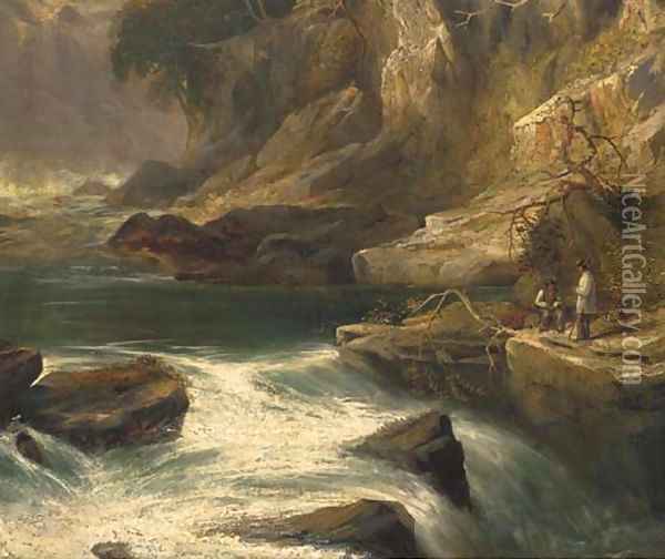 Anglers in a rocky gorge Oil Painting - English School