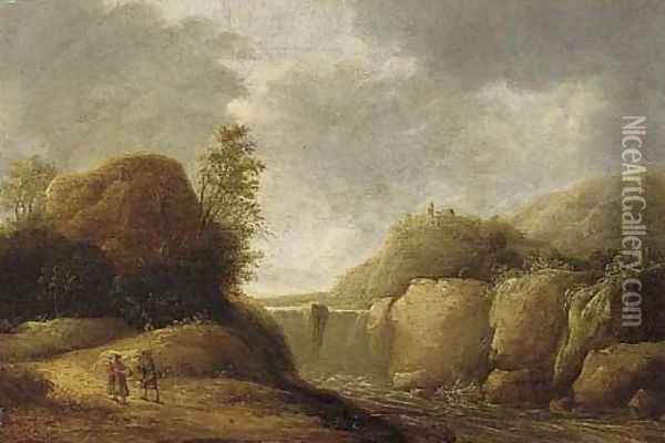 A mountainous landscape with travellers on a path by a waterfall Oil Painting - Gerrit Van Battem