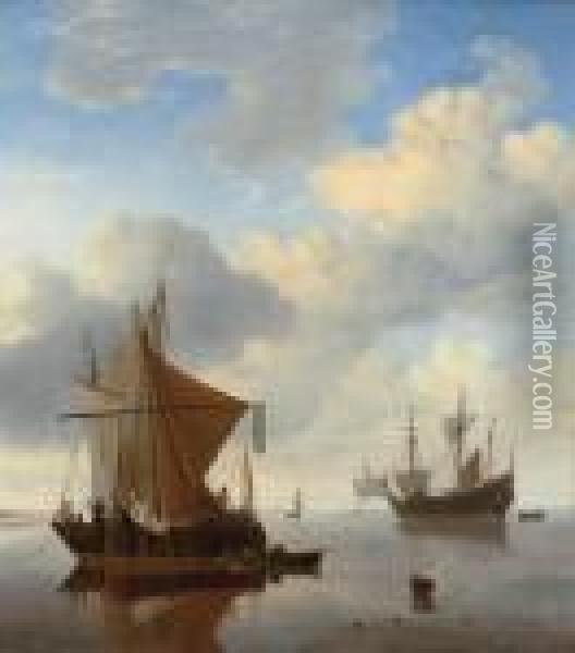 A Calm - A Smalschip And A Kaag At Anchor With An English Man-o'-war Beyond Oil Painting - Willem van de, the Elder Velde