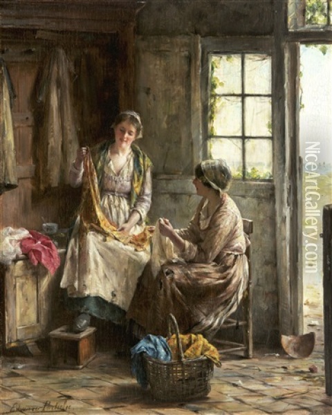 At The Dressmaker's Oil Painting - Edward Antoon Portielje