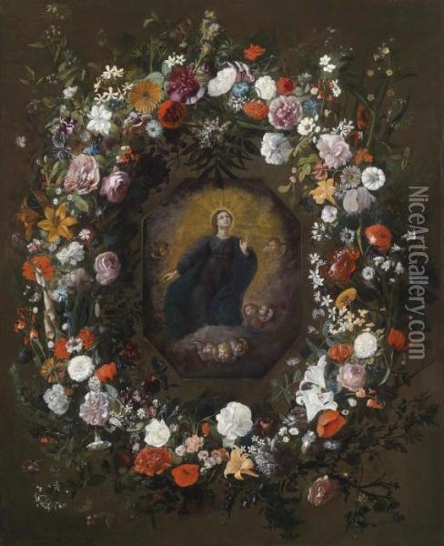 A Floral Garland Surrounding A Cartouche With A Madonna Oil Painting - Jan Philip van Thielen