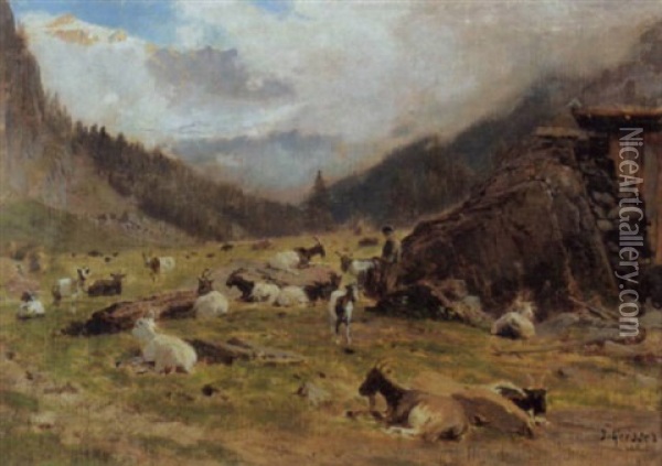 Gebirgswiese Mit Ziegenherde Und Hirten Oil Painting - Johann-Joseph Geisser