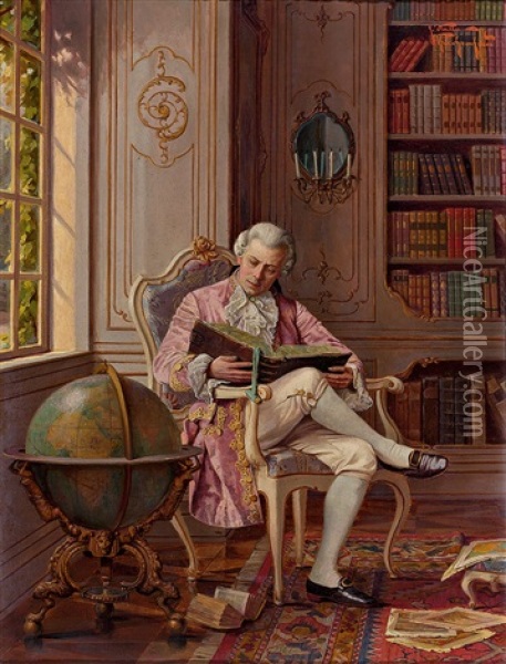 Lesender Gelehrter Im Rokokohabit In Einer Schlossbibliothek Neben Grosem Globus Oil Painting - Alois Heinrich Priechenfried