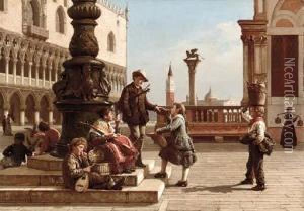 Young Musicians In Piazza San Marco, Venice Oil Painting - Antonio Paoletti