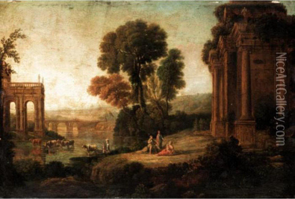 Classical Landscape With Arcadian Figures Before Ruins Beside The River Oil Painting - Claude Lorrain (Gellee)