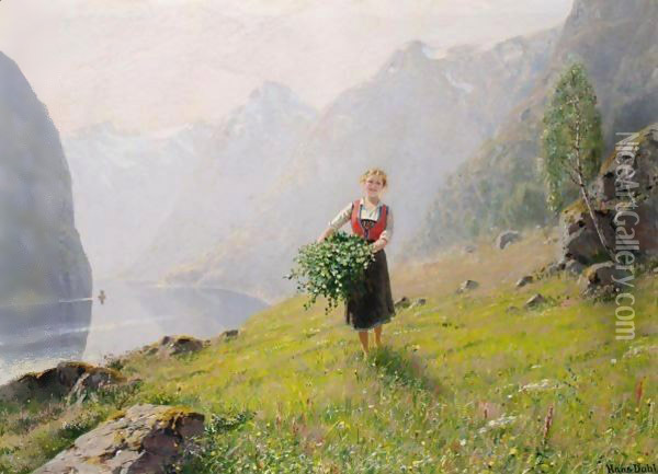 Grensanking Ved Fjorden (Gathering Leaves By A Fjord) Oil Painting - Hans Dahl