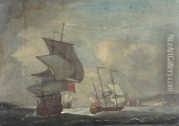 Second Rates Of The Red Squadron
 With A Fifth Rate In Company Off The Coast Of Portsmouth Oil Painting - Willem van de, the Elder Velde
