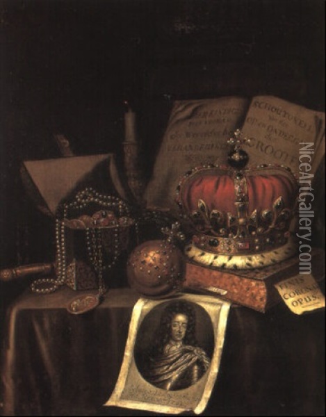 A Vanitas Still Life Of Worldy Possessions On A Draped Table Oil Painting - Edward Collier