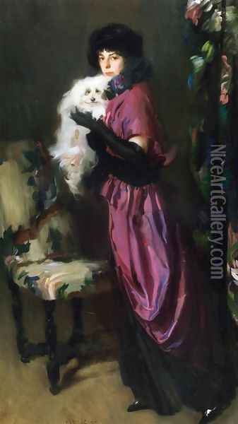Elegant Woman with Her Dog Oil Painting - Albrogio Alciati