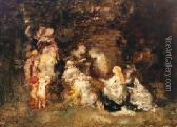 Women With Children Oil Painting - Adolphe Joseph Th. Monticelli